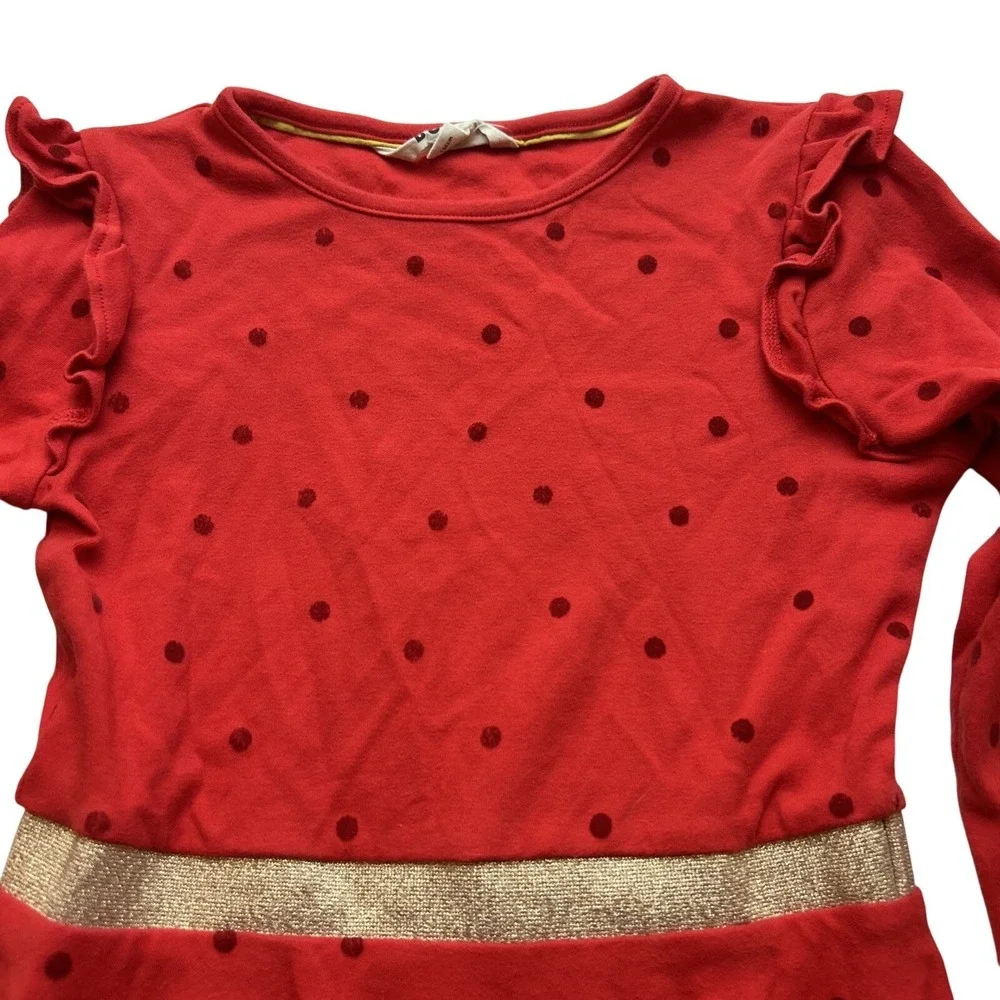 Mini Boden Girls Dress 8-9Y Red Polka Dotted Jersey Knit Party Ruffled Gold